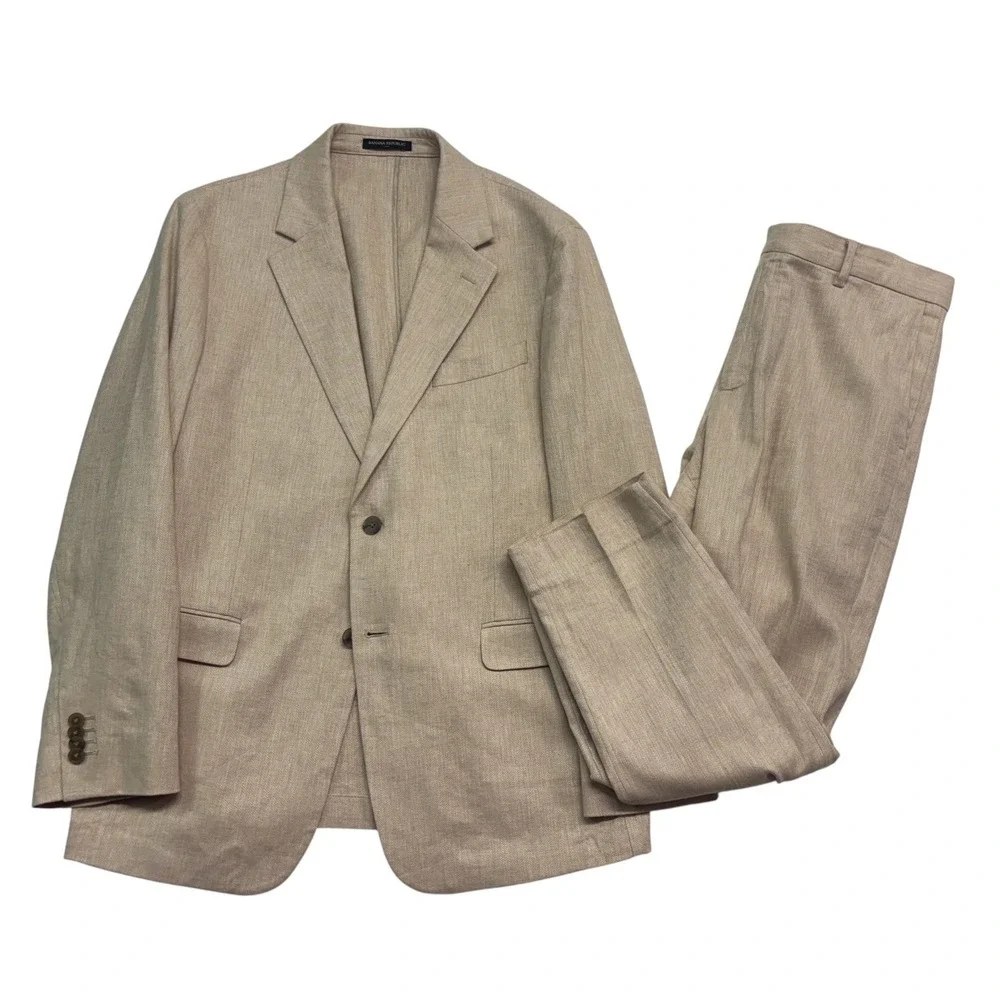 Banana Republic 44R 35x29 Tan Herringbone 2pc Suit Unstructured Linen Cotton
